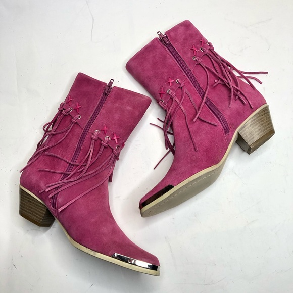 Oak Tree Farms | Hot Pink Suede Fringe Boots - Picture 2 of 7
